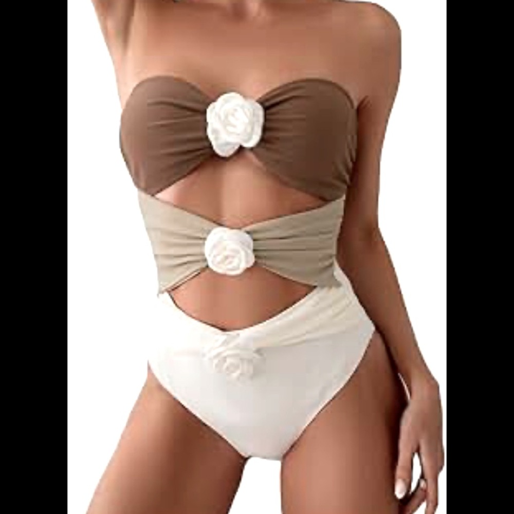 Brown and Cream Lg Strapless Swimsuit EUC